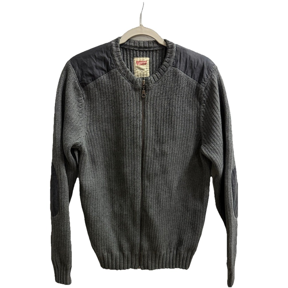 Vintage Levi's Men's Knit Full Zip Sweater Gray Elbow Patch Crew Neck Size M‎